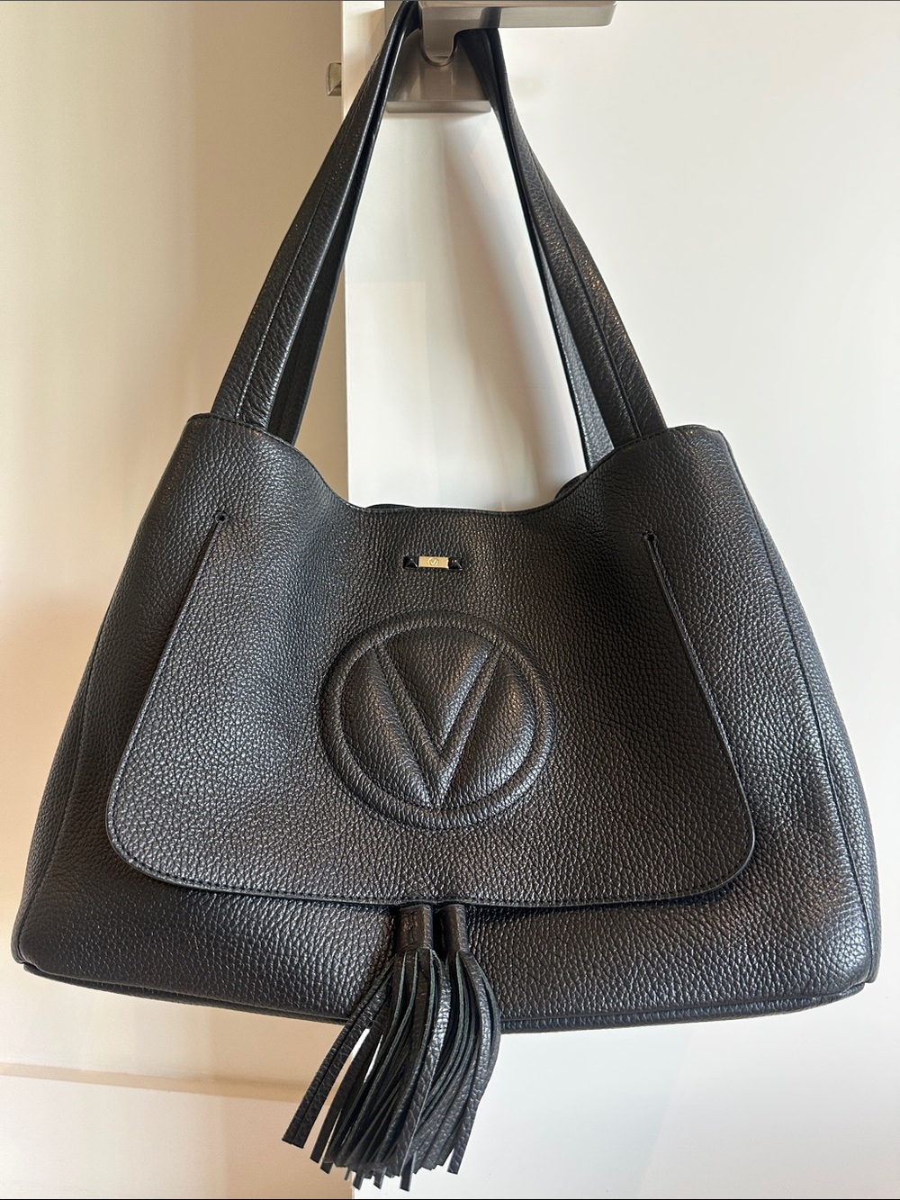 Valentino Black Pebbled Leather Tote with Tassel and Embossed V - Picture 1 of 7
